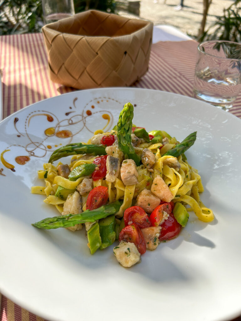 Seafood pasta with fresh vegetables at El Prato in Varenna, Italy on Lake Como.