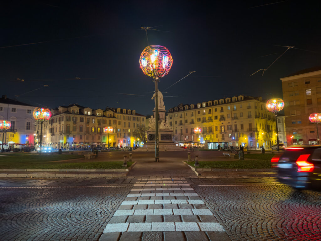 Nighttime in Piazza Carlina in Turin, Italy